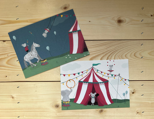 Bunte Postkarten für Kinder mit Zirkusmotiven als Set